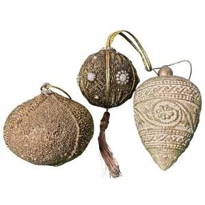 Set of 3 Elegant Gold Christmas Ornaments Various Sizes and Shapes